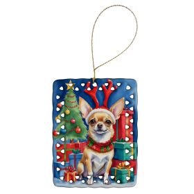 Chihuahua Christmas Reindeer Porcelain Ornament Christmas Tree Hanging Decorations for Home Christmas Holiday, Rectangle, Gift, Multicolor