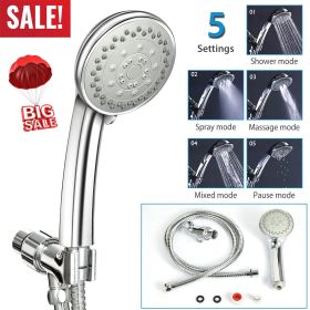 Handheld Shower Head Stainless High Pressure 5 Spray Settings Massage Spa Showerhead Chrome Face with Check Valve 5ft Steel Hose Adjustable Angle Brac
