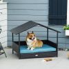 PawHut Elevated Wicker Dog House Indoor Outdoor Raised Rattan Bed Blue Removable Cushion